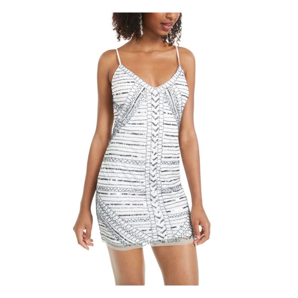 JUMP Womens Body Con Mini Dress White Sequined V Neck Cocktail Juniors 11\12